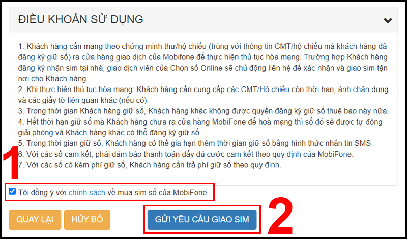 Chọn vào ô “Tôi đồng ý với chính sách về mua sim số của MobiFone”